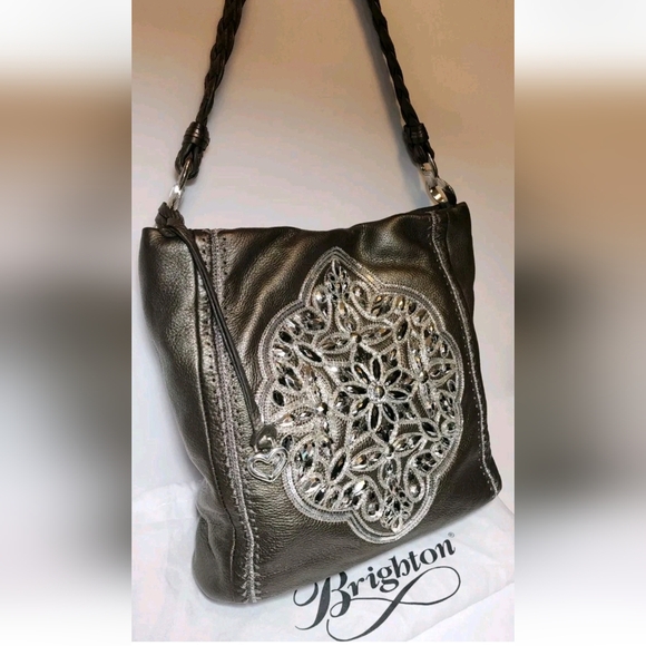 Brighton Metallic Pewter Anju Masterpiece Collection Leather Shoulder Bag EUC - Picture 4 of 13